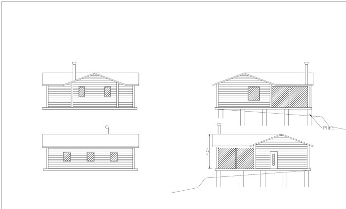 Bygglovsritning som visar olika sidor av en byggnad på plintar med fönster, dörr och en skorsten.