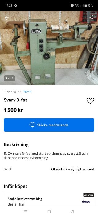 Begagnad EJCA svarv 3-fas till salu för 1500 kr, endast avhämtning, i okej skick med synliga tecken på användning.