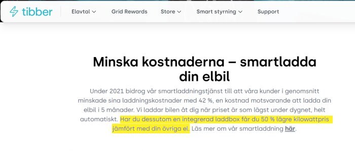 Skärmdump av Tibbers webbsida som beskriver kostnadsbesparingar för elbilsladdning, med en markerad text om 50% lägre kilowattpris med integrerad laddbox.