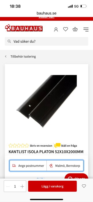 Produktbild av en svart kantlist för isolering, modell Isola Platon med måtten 52x10x2000 mm, på Bauhaus webbsida.