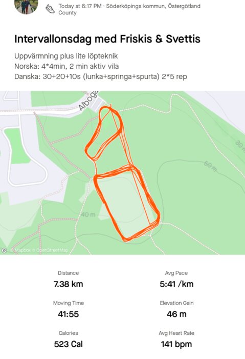 Skärmbild av en träningsapp som visar en löprunda på 7,38 km med en snitthastighet på 5:41 min/km, totalt 523 kcal förbrukade samt 141 bpm i snittpuls.