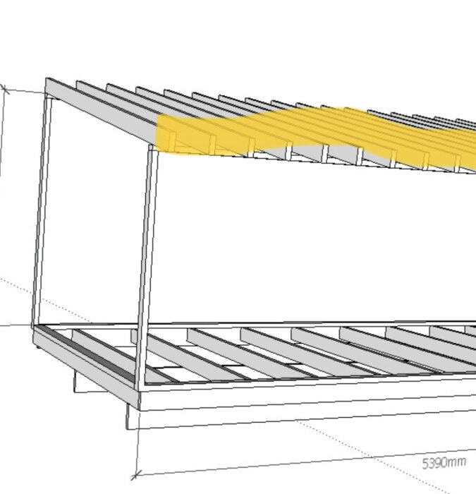 Schematiskt ritning av en förrådskonstruktion med vindskivor markerade i gult, visar takåsar och tydligt angivna mått på 5390mm.