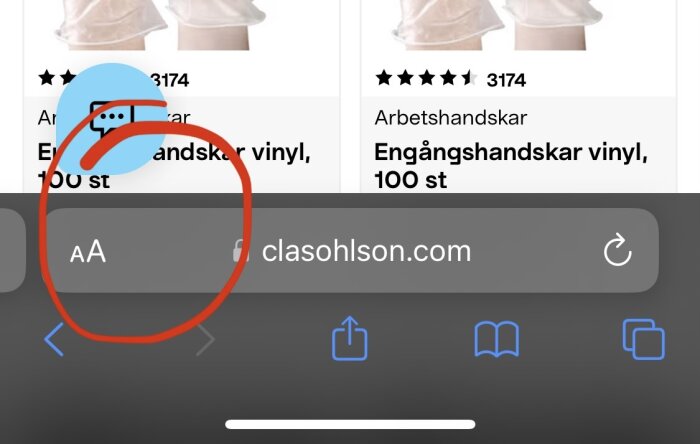 Webbläsaren Safari på en iPhone med sökningen 'clasohlson.com' och överstruken text med cirkelmarkering kring 'Engångshandskar vinyl, 100 st'.