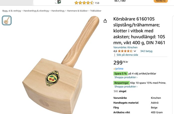 Körsbärshammare av trä med askträhandtag, säljs på Amazon för 299,76 kr. Kansas Cherry-logo och produktinformation i bilden.