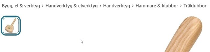 Meny från byggbutik online som visar vägen till kategorin träklubbor under handverktyg och elverktyg.