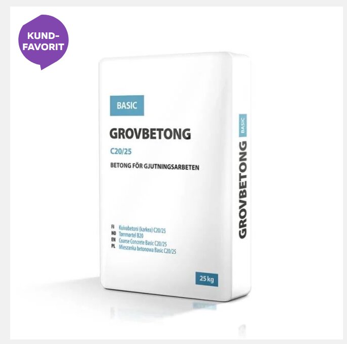 25 kg säck grovbetong från BASIC med texten "Grovbetong C20/25 Betong för gjutningsarbeten" och en symbol med "Kund-Favorit".