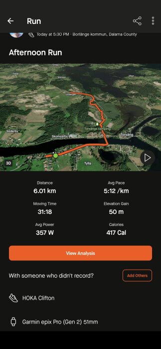 Karta som visar en joggingrunda i Borlänge, Dalarna på 6,01 km med en snitthastighet på 5:12 per km, totalt tid 31:18, elev. vinst 50 m, förbrända kalorier 417.