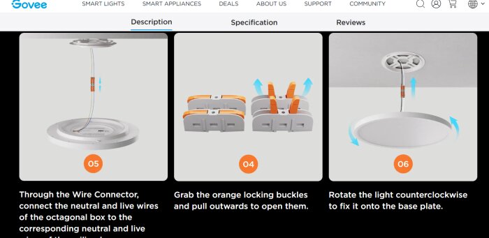 Illustration av installation av Govee RGBWW RGBIC Smart taklampa med steg-för-steg-anvisningar: trådanslutning, öppning av orange spärrar och vridning av lampan på plats.