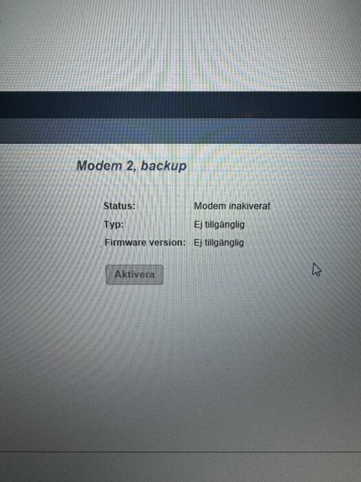 Bild av en dator- eller webbskärm som visar information om ett modem med status "Modem inaktiverat" och en knapp märkt "Aktivera".