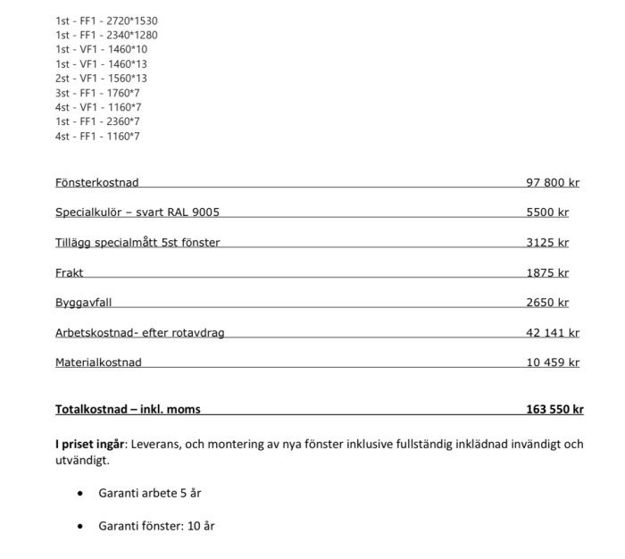 Kostnadssammanställning för fönsterbyte med specifikationer av fönsterstorlekar och priser för varje delpost, inklusive fönsterkostnad, specialkulör, frakt, och arbetskostnad.