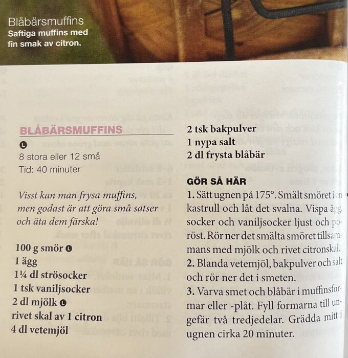 Recept på blåbärsmuffins med ingredienslista och steg-för-steg-anvisningar, samt rubriken "Blåbärsmuffins: Saftiga muffins med fin smak av citron.