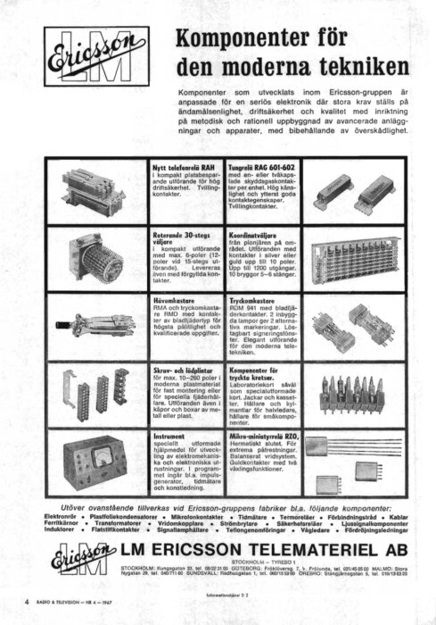 En svartvit annons från LM Ericsson 1967, som beskriver och visar bilder på olika elektroniska komponenter för kommunikation och teknologi.