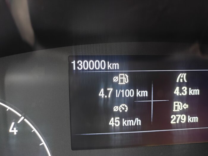 Bilens instrumentpanel visar 130000 km körsträcka, 4,7 l/100 km bränsleförbrukning och en medelhastighet på 45 km/h.