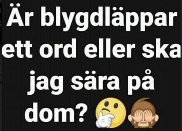 Text på skylten som frågar: "Är blygdläppar ett ord eller ska jag sära på dom?" med emojis föreställande tänkande ansikte och apa som täcker sina ögon.