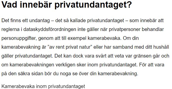 Skärmdump av ett stycke som förklarar vad privatundantaget innebär i samband med GDPR och kamerabevakning. Texten belyser undantaget för privatpersoner.