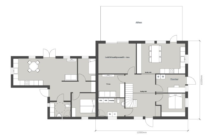 Planlösning för våning 1 av ett planerat parhus med rum för kök, kontor, TV-rum, lekrum/gymnastikrum, sovrum, badrum och altan.