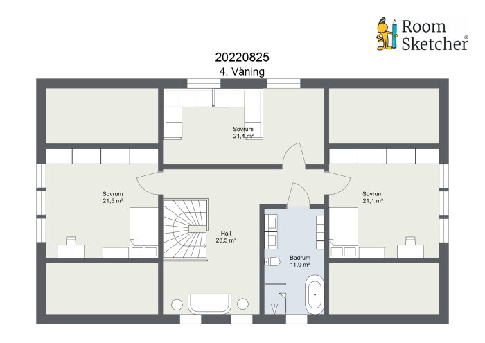 Planritning av fjärde våningen med tre sovrum (21,5 m², 21,4 m², 21,1 m²), ett badrum (11,0 m²) och en hall (28,5 m²) samt detaljer om möblering och garderober.