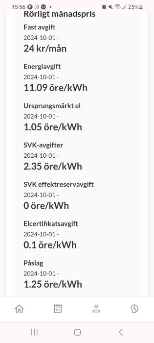 Bild som visar kostnadsposter för rörligt elpris, inklusive fast avgift på 24 kr/mån och varierande energiavgifter med startdatum 2024-10-01.