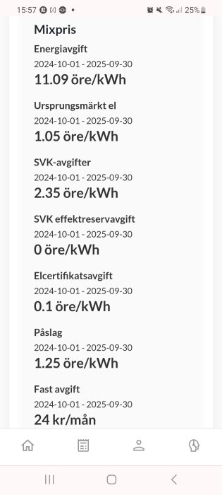 Bild på en elräkning med olika kostnadskomponenter för mixpris, inklusive energiavgift, ursprungsmärkt el, SVK-avgifter, elcertifikatsavgift, påslag och fast avgift.