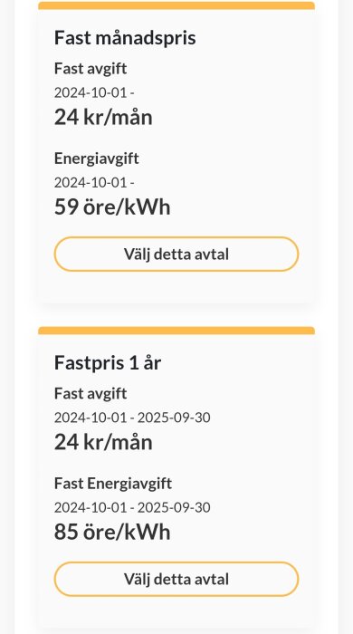 Två elavtalserbjudanden från elbolag. Ett med fast månadspris 24 kr/mån och energipris 59 öre/kWh. Ett årsavtal med 24 kr/mån och 85 öre/kWh.