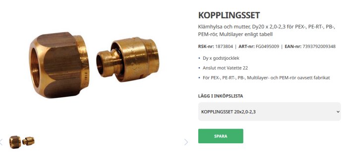 Vatette kopplingsset 20x2,0-2,3 för PEX, PE-RT, PB, PEM-rör, består av klämhylsa och mutter. Visar RSK-nr 1873804, artikelnummer och kopplingsinformation.