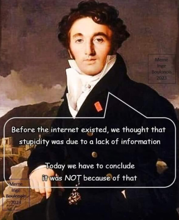 Målning av en man i vit skjorta med svart rock och text: "Before the internet existed, we thought that stupidity was due to a lack of information. Today we have to conclude it was NOT because of that.