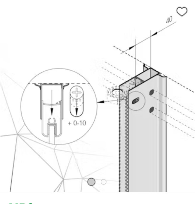 Ritad diagram visar infästning av en duschvägg med justerbar skruv (0-10 mm) på en sned halvvägg.