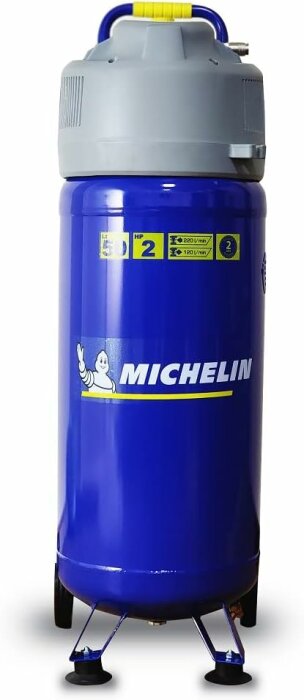 Michelin vertikal tryckluftskompressor, blå med grått handtag och hjul, kapacitet 2HP och olika specifikationer på framsidan.