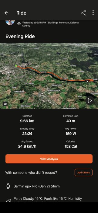 Karta över en kvällscykeltur i Borlänge kommun, Dalarna, med detaljer som sträcka (9,66 km), höjdökning (49 m), tid (23:24), medelhastighet (24,8 km/h) och kaloriförbränning (152 Cal).