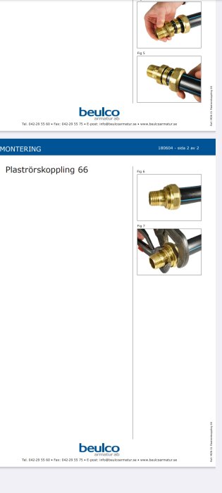 Instruktioner för montering av Beulco plaströrskoppling 66, med stegvisa bilder och kontaktinformation för Beulco armatur AB.