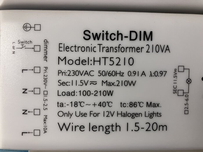 Elektronisk transformator märkt "Switch-DIM" med modellnummer HT5210, specifikationer inkluderar 230VAC, 11.5V, max 210W, kabel 1.5-20m för 12V halogenlampor.