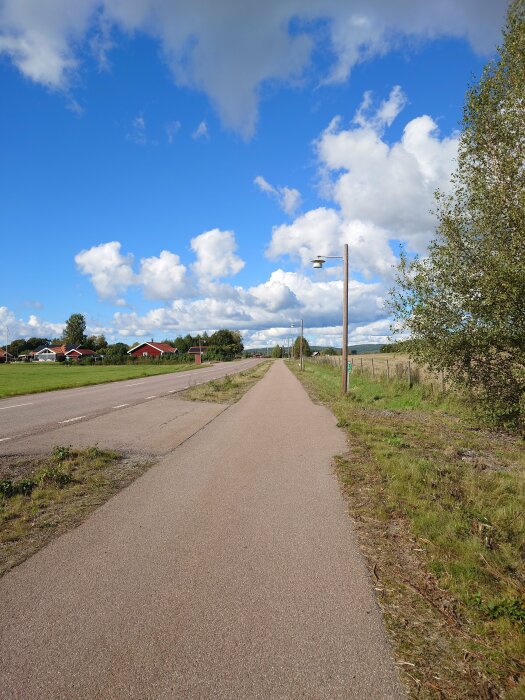 Landsväg med gång- och cykelväg bredvid, omgiven av ängsmark och skog, under en blå himmel med vita moln.