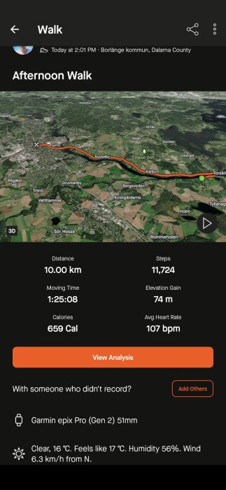 Karta över eftermiddagspromenad i Borlänge, 10 km på 1:25:08, med 74 m höjdökning, 659 kalorier förbrända, och 107 bpm snittpuls. 17°C, 56% luftfuktighet, vind 6,3 km/h.