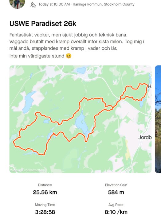 Karta över en 26 km löprunda i Haninge kommun med markerad rutt, samt statistik som sträcka, höjd, tid och genomsnittlig hastighet.