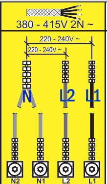 Elkopplingsschema för 380-415V 2N ~ med kopplingar för N, L2, och L1 märkt med spänningsgränserna 220-240V och 220-240V ~.