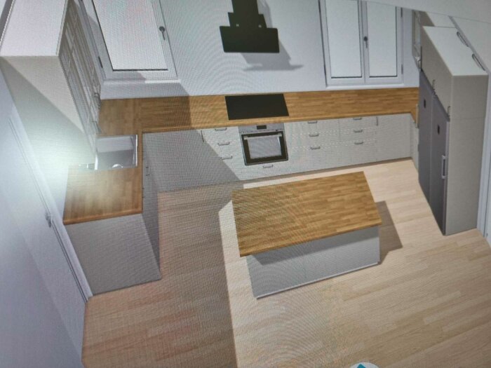 3D-ritning av ett modernt kök under renovering med ljusa skåp, massivekbänkskivor, köksö och diskho. Det nya köket är öppet och luftigt.