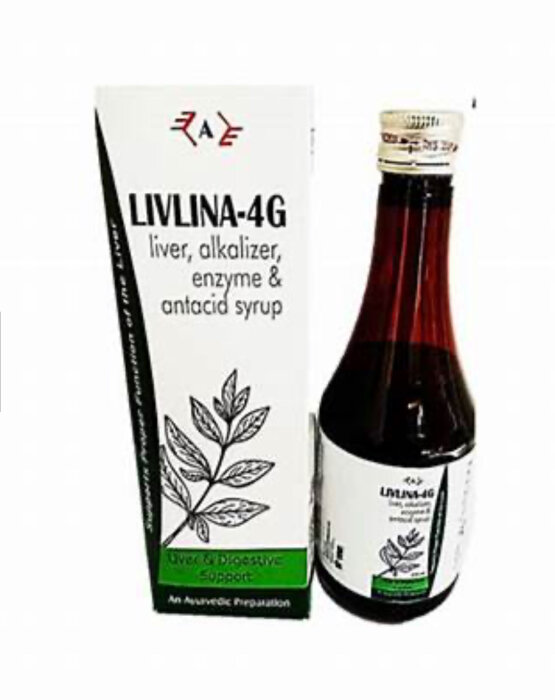 Flaska och förpackning av Livlina-4G, en lever-, alkaliserings-, enzym- och antacida sirap med växtbaserade ingredienser.