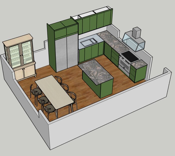 3D-modell av ett grönt kök med L-form, inklusive köksö, spis, ugn, diskho och köksfläkt. Matplats med bord och sex stolar intill vitrinskåp.