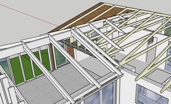 3D-ritning av tillbyggd del av ett hus med synliga takbjälkar och takstolar, där den gamla ytterväggen växlas av för att koppla ihop med tillbyggnaden.