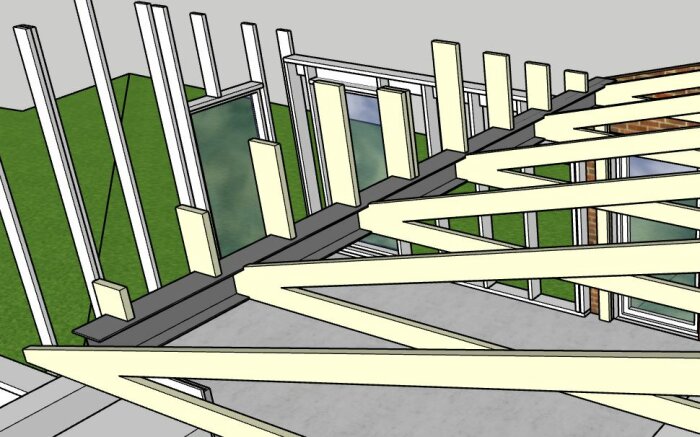 Sketchup-ritning av tillbyggnad med ryggåstak, där en HEA220 balk stöder takstolarna. Balken vilar på förstärkta pelare och ansluter till ytterväggen.