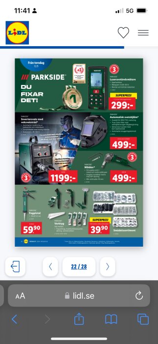 Lidl-annons med verktyg, inklusive inverter svets för 1199 kr, automatisk svets hjälm, lasermätare, nibler, fogpistol, och smådelssortiment.