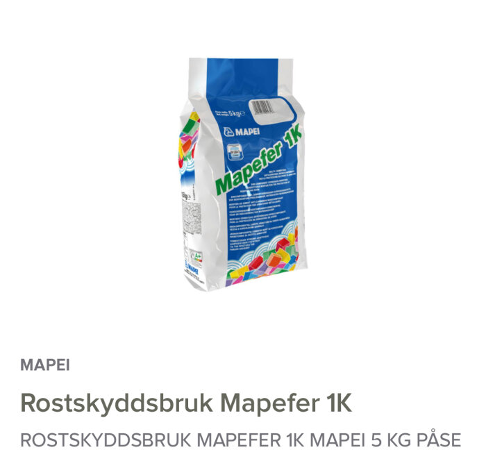 Förpackning av Mapei Mapefer 1K rostskyddsbruk, 5 kg påse med blått och vitt tryck samt färgglada mönster längst ner.