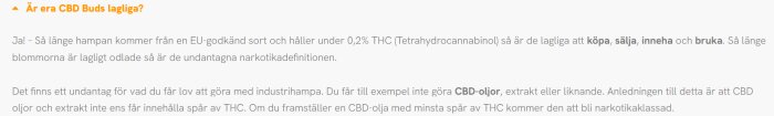 Text från en hemsida som förklarar att CBD Buds är lagliga i Sverige om de innehåller mindre än 0,2% THC och kommer från godkänd industrihampa.