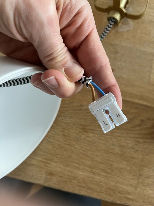 Hand håller i en vit lampkontakt med ansluten brun och blå kabel, på ett träbord syns en lampbas och kabel med zebramönster.