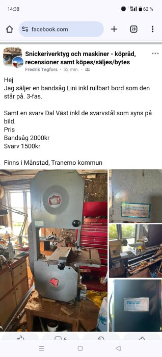 Bild av en bandsåg från Lini och en svarv från Dal Väst, både placerade i en verkstadsmiljö. Texten i inlägget beskriver priser och plats.