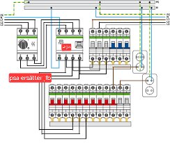 Schema över en elcentral med olika komponenter, brytare och kopplingsledningar.