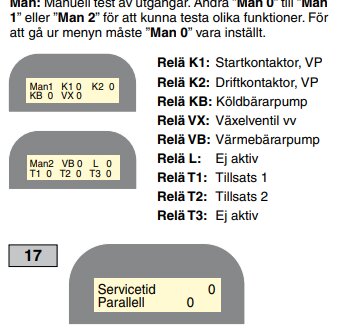 Skärmbild av en display som visar statusar för olika reläer som används i ett manuellt testläge för att kontrollera diverse komponenter som pumpar och tillsatser.