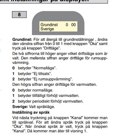 Displayinställningar med exempel på olika siffror och deras betydelser: 0 (Normalläge), 1 (Ej tillsats), 2 (Ej rumsuppvärmning), och detaljer om språkval (Sverige).