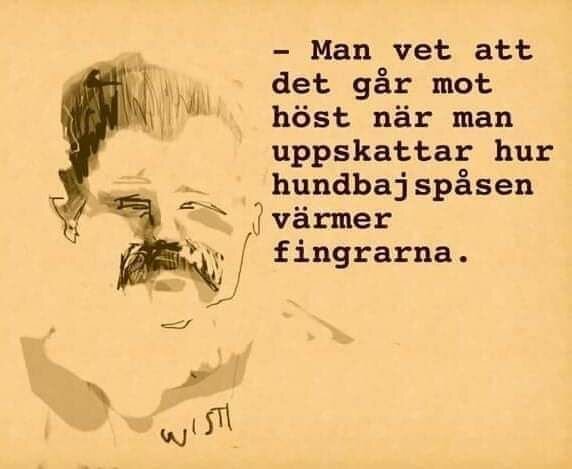 Illustration av en man med texten: "Man vet att det går mot höst när man uppskattar hur hundbajspåsen värmer fingrarna.