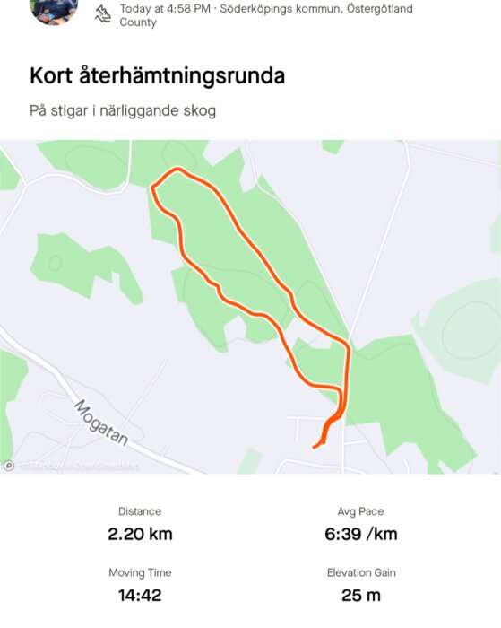 Karta över en 2,20 km återhämtningsrunda genom en närliggande skog i Söderköpings kommun med detaljer om tid, medelhastighet och höjdskillnad.